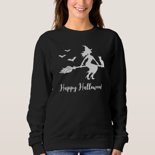 Camiseta Bruxa Voadora Silhueta Com Gato & Morcegos Hallowe (Frente)