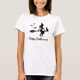 Camiseta Bruxa Voando Em Uma Vassoura Feliz Halloween Texto