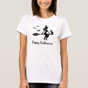 Camiseta Bruxa Voando Em Uma Vassoura Feliz Halloween Texto
