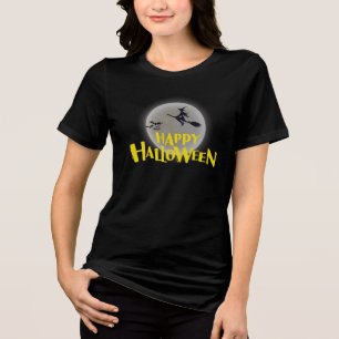 Camiseta Bruxa Voando Sobre a Lua Cheia Feliz Halloween