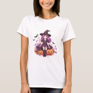 Camiseta Bruxas Bonitas de Cabelo Roxo Abóboras & Morcegos