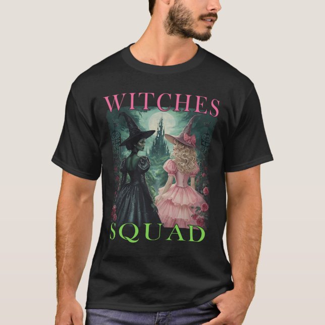 Camiseta Bruxas De Bruxas De Halloween Rosa E Verde (Frente)