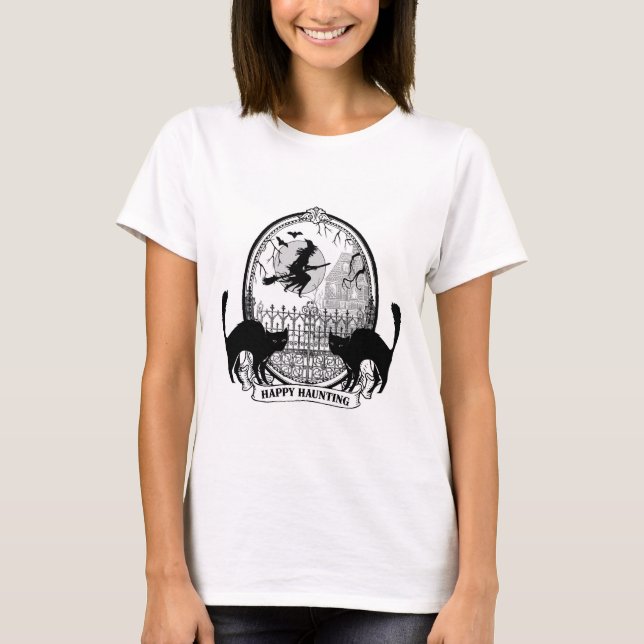 Camiseta bruxas e felinos de Halloween modernos (Frente)
