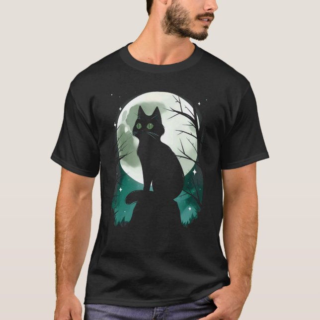 Camiseta Bruxas Gato Preto e Lua Cheia Verde Halloween Ea (Frente)