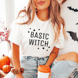 Camiseta bruxas modernas bruxas do Halloween<br><div class="desc">A camiseta branca de Halloween da "bruxa básica" apresenta um design de tipografia preto moderno e simples com sotaques em forma de estrela.</div>