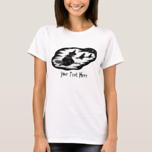Camiseta bruxas negras assustadoras e voadoras sobre vassou