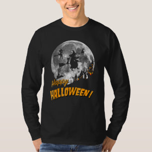 Camiseta Bruxas Voando Através Da Lua Cheia Feliz Halloween