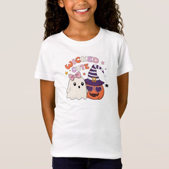 Camiseta Bruxinha Fofa Fantasma de Halloween e Abóbora Dese (Frente)