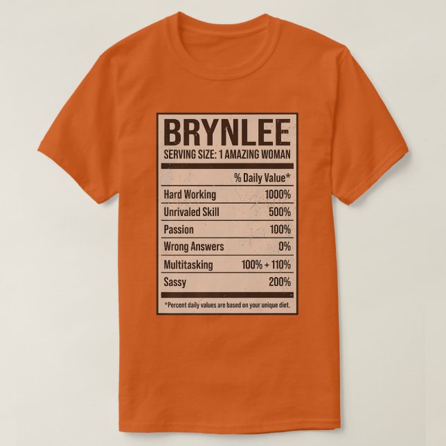 Camiseta Brynlee Nutrition Facts Name Apelido Alias Title (Frente do Design)