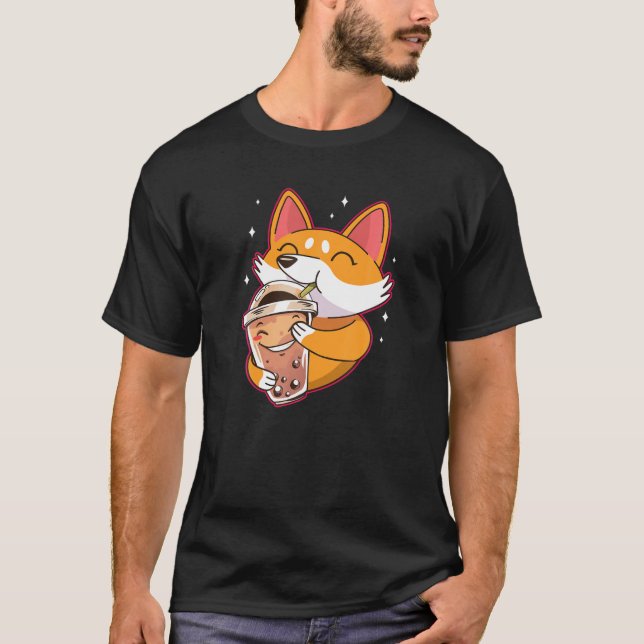 Camiseta Bubble Kawaii Corgi Bebendo Boba Tea Dog Fox (Frente)