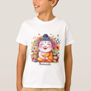 Camiseta Buddha Feliz Yoga Namaste Com Chá E Flores