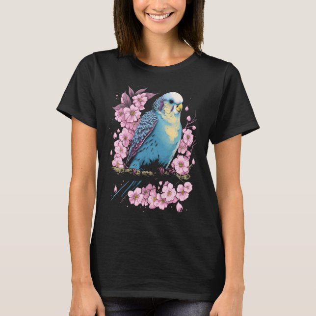 Camiseta Budgie Budgerigar Bird Japanese Cherry Sakura Flow (Frente)