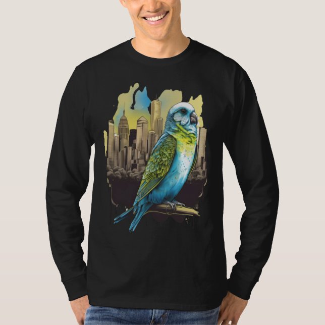 Camiseta Budgie Budgerigar Parakeet City Skyline Parrot Bir (Frente)
