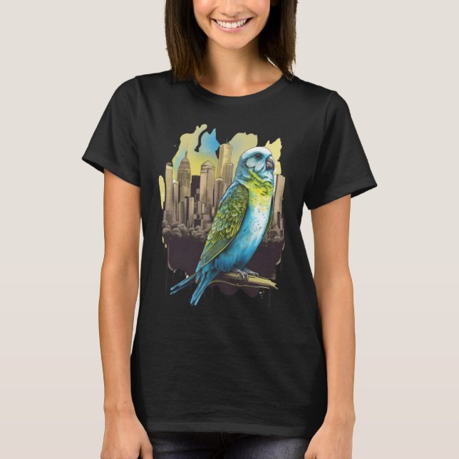 Camiseta Budgie Budgerigar Parakeet City Skyline Parrot Bir (Frente)