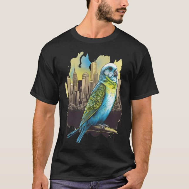Camiseta Budgie Budgerigar Parakeet City Skyline Parrot Bir (Frente)