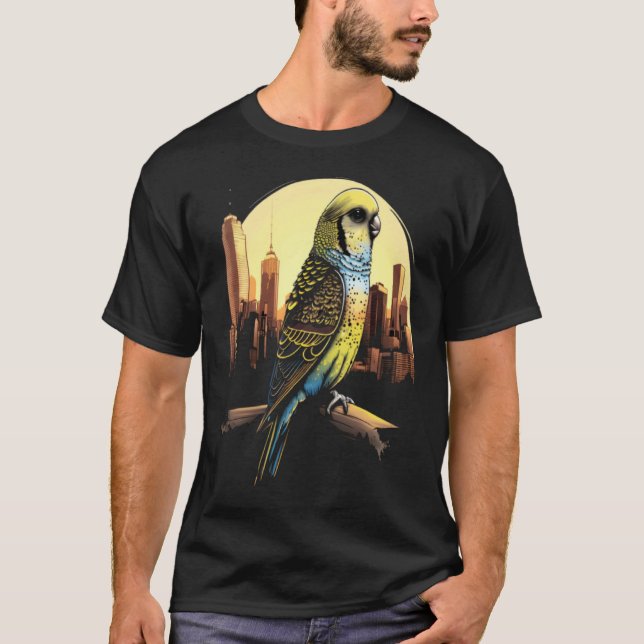 Camiseta Budgie Budgerigar Parakeet City Skyline Parrot Bir (Frente)