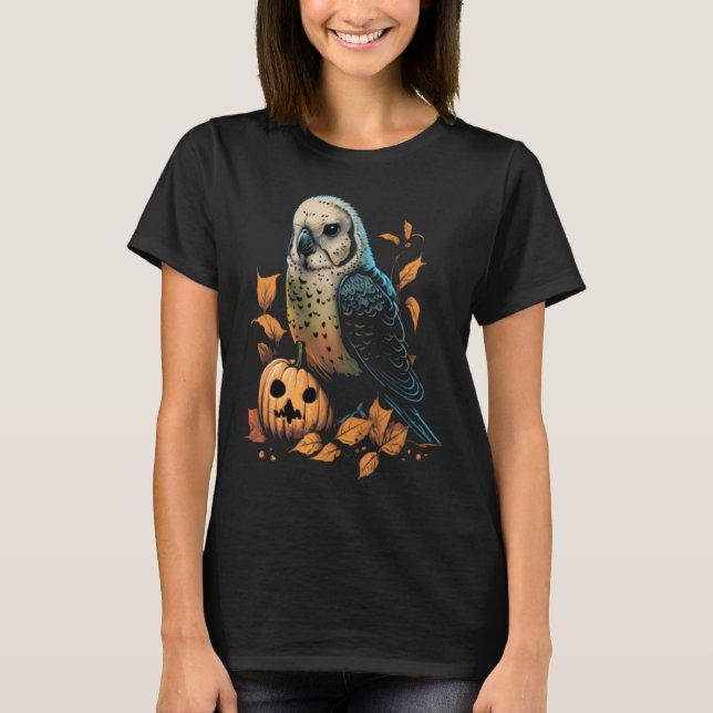 Camiseta Budgie Halloween Pumpkin Budgerigar Parakeet Bird (Frente)
