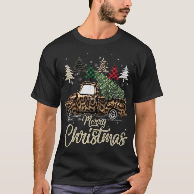 Camiseta Búfalo Xadrez de Natal Caminhão Vermelho com Leopa (Frente)