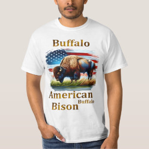 Camiseta Buffalo em campo de grama com bandeira americana
