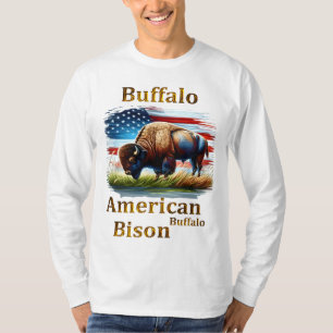 Camiseta Buffalo em campo de grama com bandeira americana