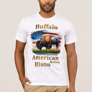 Camiseta Buffalo em campo de grama com bandeira americana