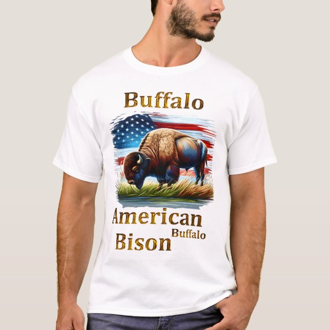 Camiseta Buffalo em campo de grama com bandeira americana (Frente)