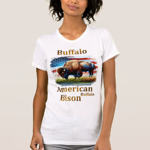 Camiseta Buffalo em campo de grama com bandeira americana