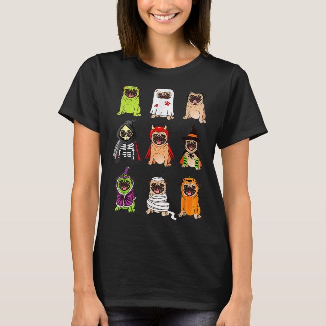 Camiseta Buldlog Fofo Feliz Halloween Cães Pug (Frente)