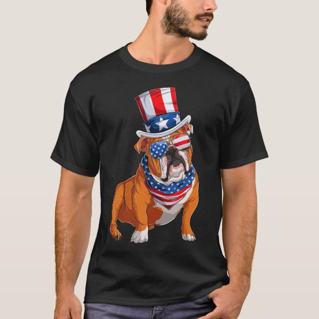 Camiseta Buldogue Dog 4 de julho Bandeira Americana (Frente)
