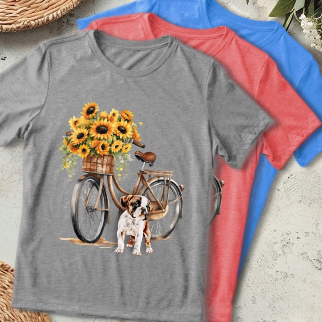 Camiseta Buldogue e Bicicleta de Girassol (Criador carregado)