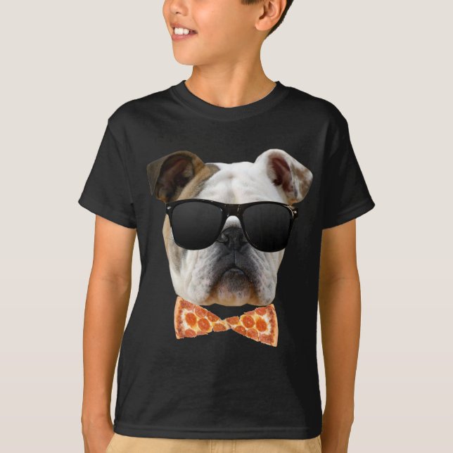 Camiseta Buldogue em óculos de sol e empate de Arco de pizz (Frente)