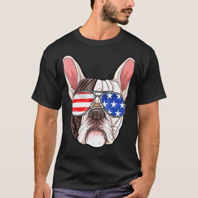 Camiseta Buldogue Francês Americano Óculos De Sol 4 De Julh (Frente)