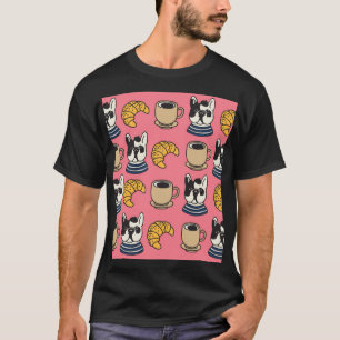 Camiseta Buldogue francês, café, tema croissant.