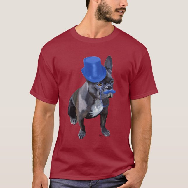 Camiseta Buldogue francês com chapéu azul e bigode (Frente)
