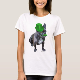 Camiseta Buldogue francês com chapéu verde e bigode