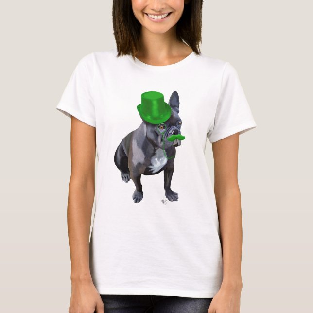 Camiseta Buldogue francês com chapéu verde e bigode (Frente)