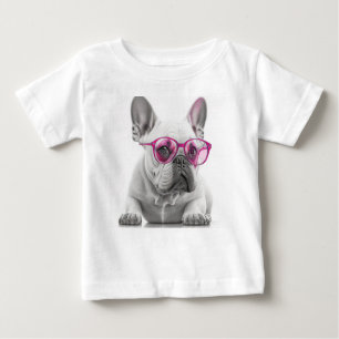 Camiseta Buldogue Francês com óculos cor-de-rosa Bebê Bela 