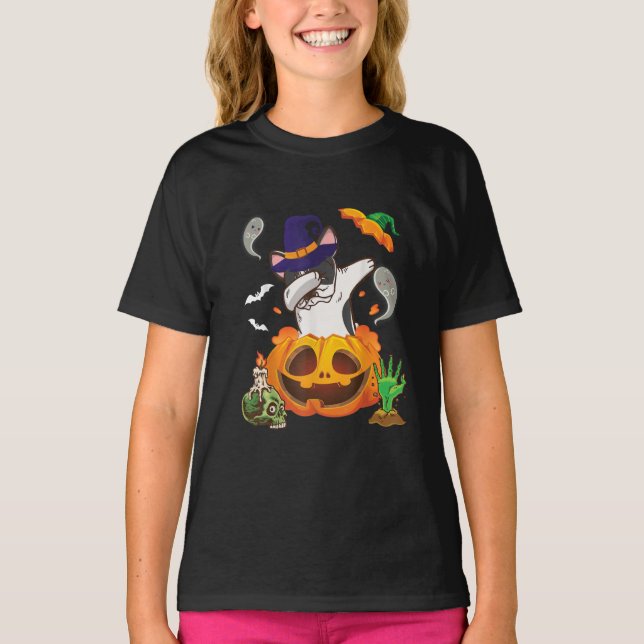 Camiseta Buldogue Francês Dabbing to Open Pumpkin Halloween (Frente)