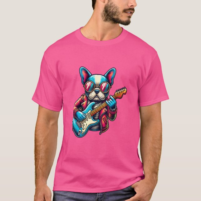 Camiseta Buldogue Francês Elétrico Guitarra Banda Engraçada (Frente)
