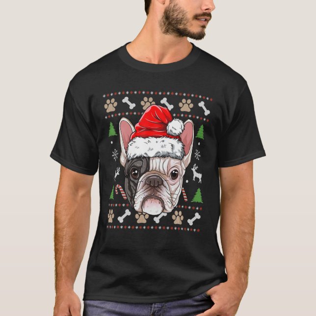 Camiseta Buldogue Francês Natal Feio Santa Hat Xmas Cão B (Frente)