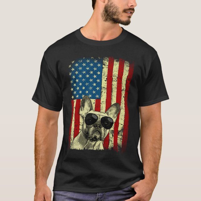 Camiseta Buldogue francês Patriótico EUA Bandeira da French (Frente)
