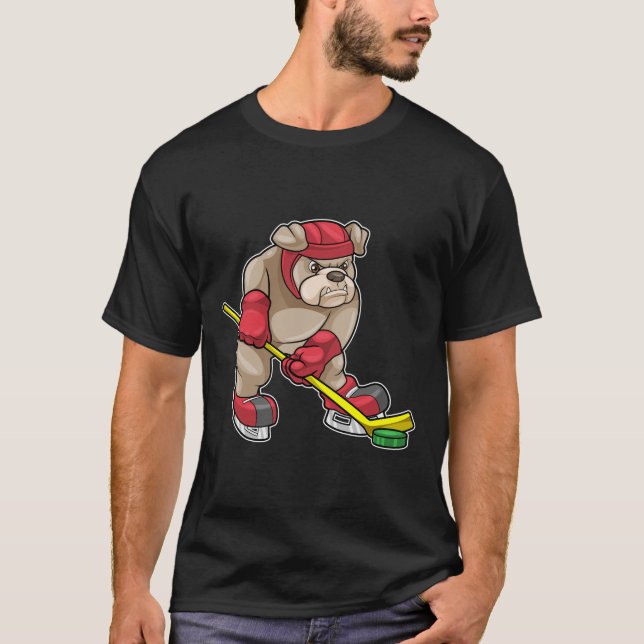 Camiseta Buldogue no hóquei no gelo com bastão de hóquei (Frente)