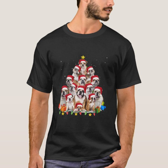 Camiseta Buldogue Papais noeis Árvore de Natal Luzes Menina (Frente)