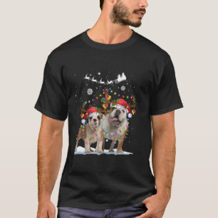 Camiseta Buldogue Reindeer Santa Hat Xmas Luzes Natal X