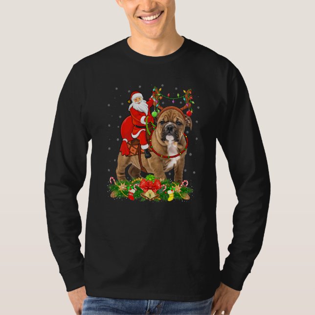 Camiseta Buldogue Xmas Papais noeis Engraçados Andando no N (Frente)