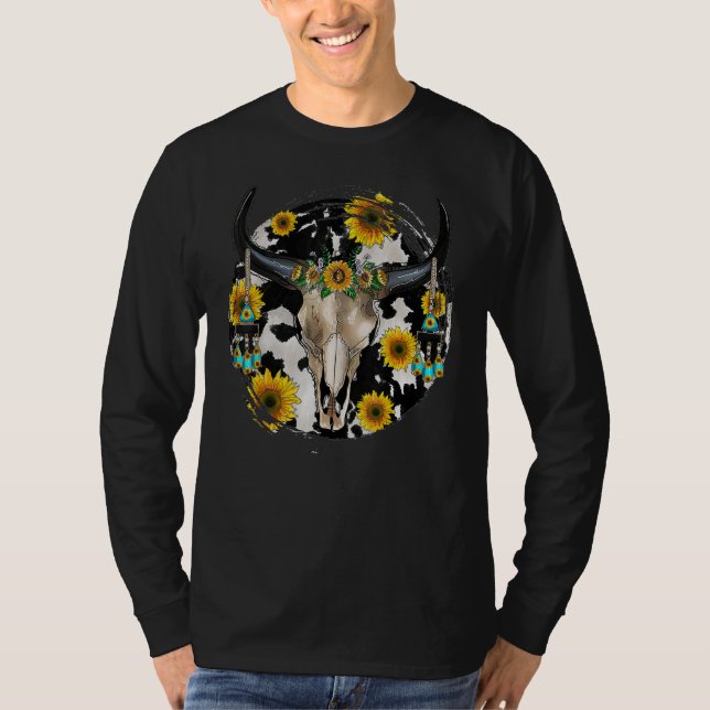 Camiseta Bull Skull Leopard Cowhide Sunflower Western (Frente)