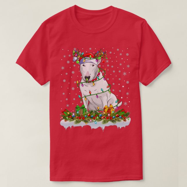 Camiseta Bull Terrier Dog Santa Hat Reindeer de Natal Ligh (Frente do Design)