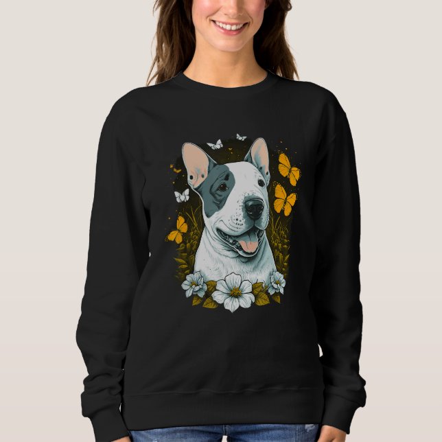 Camiseta Bull Terrier Feliz com Flores e Borboletas (Frente)