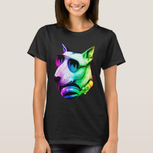 Camiseta Bull Terrier Inglês Fones de Ouvido DJ Música Retr