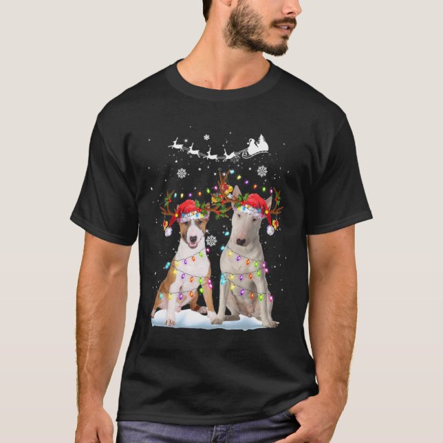 Camiseta Bull Terrier Reindeer Santa Hat Cristo Luzes de Na (Frente)